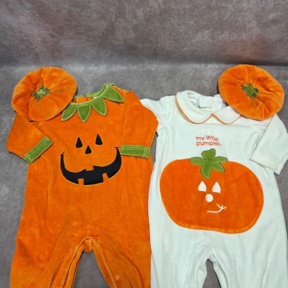 Baby UR it Pumpkin Halloween Sleeper Set 2 Pack with Hats Orange Cream 6-9M